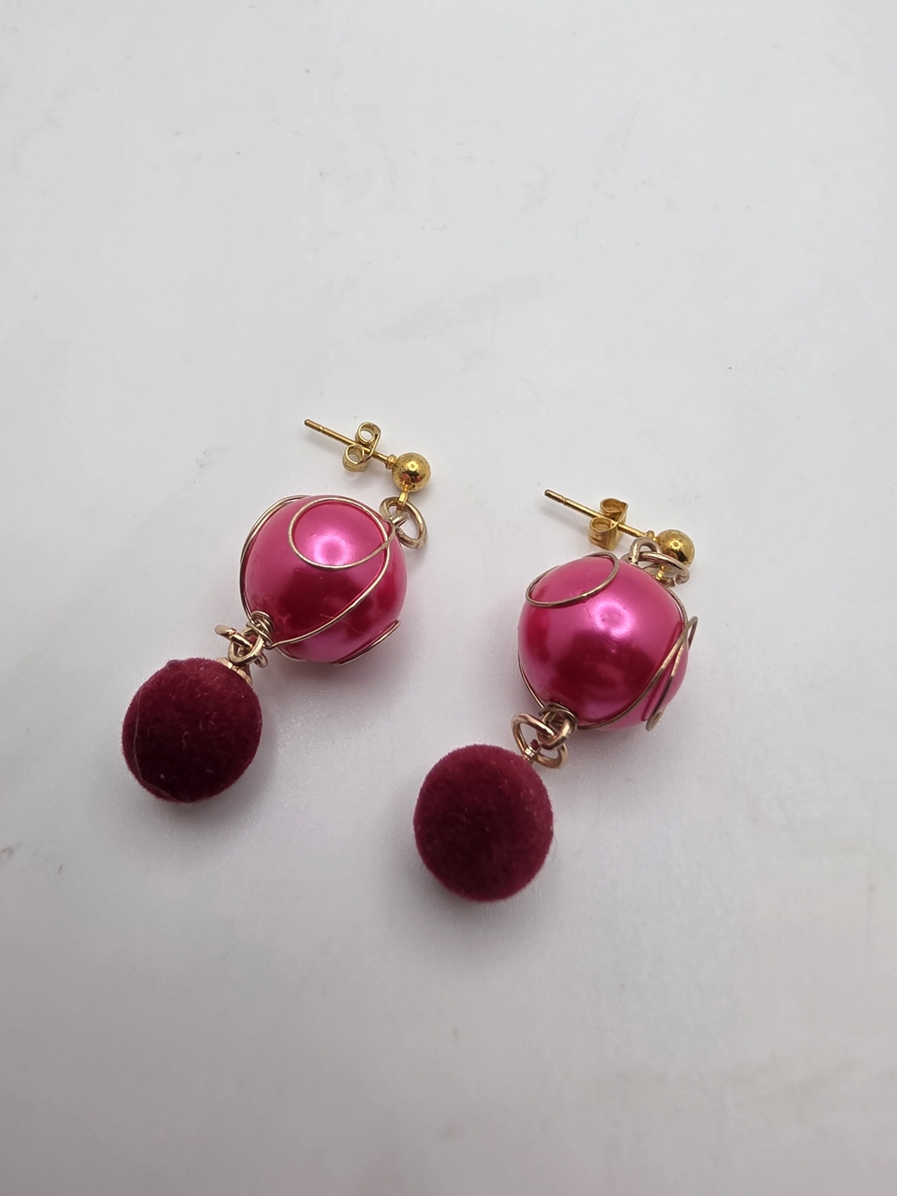 Vibrant Fuchsia Drop Earrings with Gold Accents